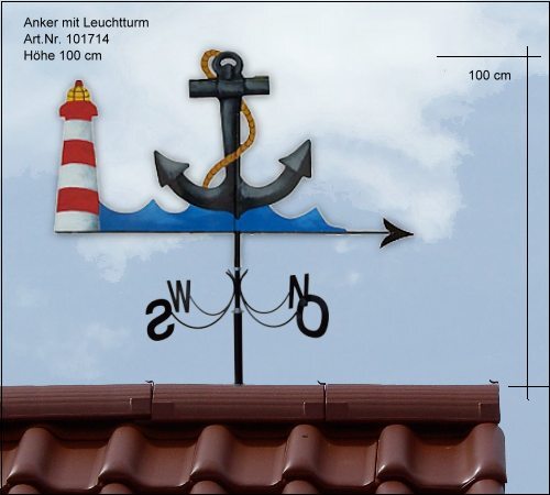 anker mit leuchtturm als wetterfahne mit windrose aus edelstahl bemalt