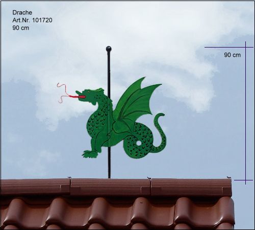 drache als wetterfahne mit flügeln und langem schwanz aus edelstahl bemalt