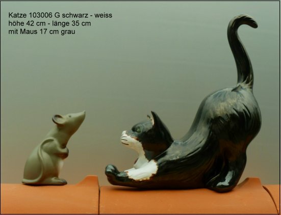 katze mit maus aus ton auf firstziegeln. glasiert mit dachziegelfarben 