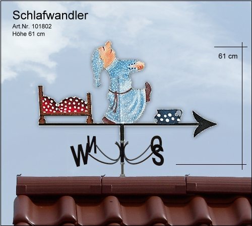 schlafwandler mit bett und nachttopf auf windrichtungsanzeige